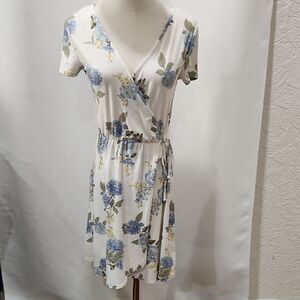 White Blue And Yellow floral Faux Wrap Dress